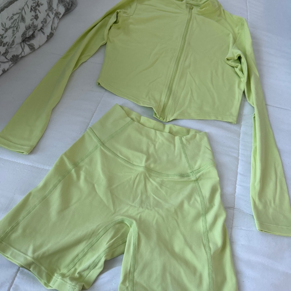 Lime Green long sleeve crop jacket and biker shorts